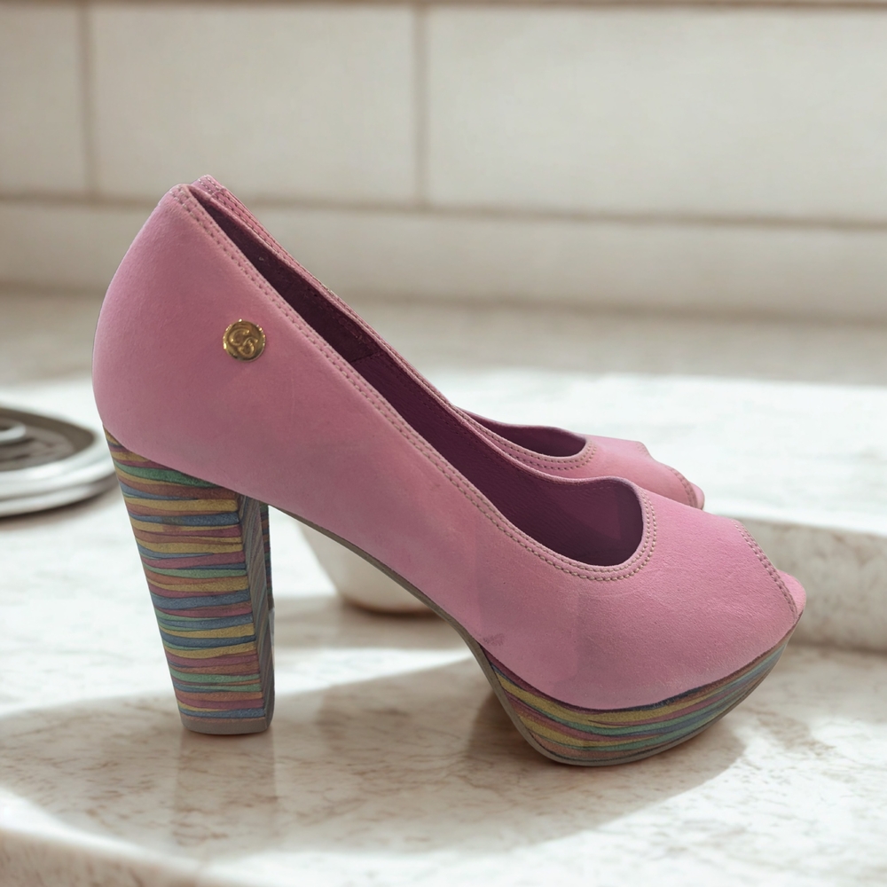 Chanii B 'Bebe' Pink Suede Platform Peep toes With Multicolor Stacked Heel $432